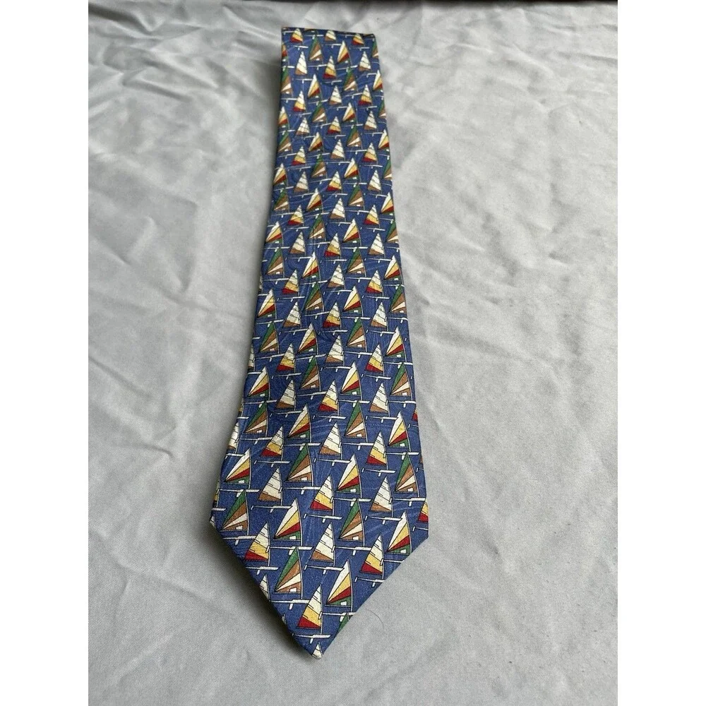 Abercrombie & Fitch Necktie 100% Silk Sailboat Nautical Tie Navy Spain Handmade